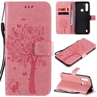 For Motorola Moto G8 Power Lite Tree & Cat Embossed Pattern Horizontal Flip Leather Case with Holder & Card Slots & Wallet & Lanyard(Pink)