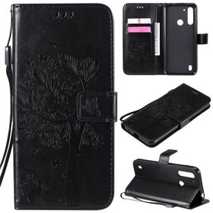 For Motorola Moto G8 Power Lite Tree & Cat Embossed Pattern Horizontal Flip Leather Case with Holder & Card Slots & Wallet & Lanyard(Black)