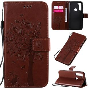 For Motorola Moto G8 Power Tree & Cat Embossed Pattern Horizontal Flip Leather Case with Holder & Card Slots & Wallet & Lanyard(Coffee)