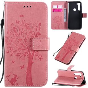 For Motorola Moto G8 Power Tree & Cat Embossed Pattern Horizontal Flip Leather Case with Holder & Card Slots & Wallet & Lanyard(Pink)