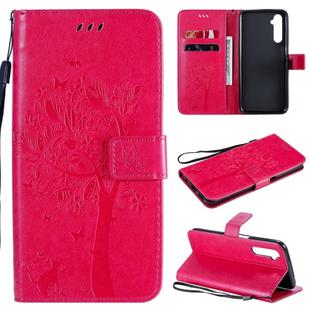 For OPPO Realme 6 Tree & Cat Embossed Pattern Horizontal Flip Leather Case with Holder & Card Slots & Wallet & Lanyard(Rose Red)