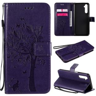 For OPPO Realme 6 Tree & Cat Embossed Pattern Horizontal Flip Leather Case with Holder & Card Slots & Wallet & Lanyard(Purple)