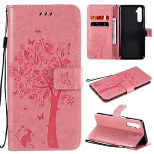 For OPPO Realme 6 Tree & Cat Embossed Pattern Horizontal Flip Leather Case with Holder & Card Slots & Wallet & Lanyard(Pink)