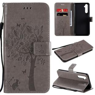 For OPPO Realme 6 Tree & Cat Embossed Pattern Horizontal Flip Leather Case with Holder & Card Slots & Wallet & Lanyard(Grey)