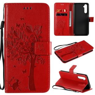 For OPPO Realme 6 Tree & Cat Embossed Pattern Horizontal Flip Leather Case with Holder & Card Slots & Wallet & Lanyard(Red)