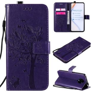For Xiaomi Redmi K30 Pro Tree & Cat Embossed Pattern Horizontal Flip Leather Case with Holder & Card Slots & Wallet & Lanyard(Purple)
