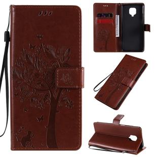 For Xiaomi Redmi Note 9 Pro Tree & Cat Embossed Pattern Horizontal Flip Leather Case with Holder & Card Slots & Wallet & Lanyard(Coffee)