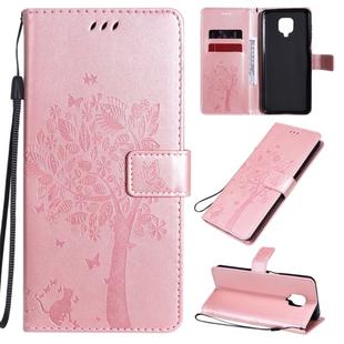 For Xiaomi Redmi Note 9 Pro Tree & Cat Embossed Pattern Horizontal Flip Leather Case with Holder & Card Slots & Wallet & Lanyard(Rose Gold)