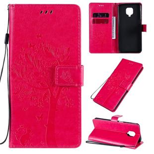 For Xiaomi Redmi Note 9 Pro Tree & Cat Embossed Pattern Horizontal Flip Leather Case with Holder & Card Slots & Wallet & Lanyard(Rose Red)