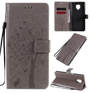 For Xiaomi Redmi Note 9 Pro Tree & Cat Embossed Pattern Horizontal Flip Leather Case with Holder & Card Slots & Wallet & Lanyard(Grey)