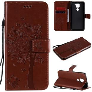 For Xiaomi Redmi Note 9 Tree & Cat Embossed Pattern Horizontal Flip Leather Case with Holder & Card Slots & Wallet & Lanyard(Coffee)