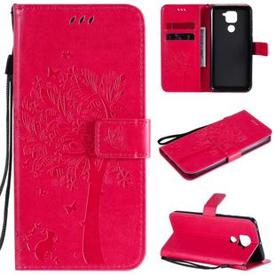 For Xiaomi Redmi Note 9 Tree & Cat Embossed Pattern Horizontal Flip Leather Case with Holder & Card Slots & Wallet & Lanyard(Rose Red)