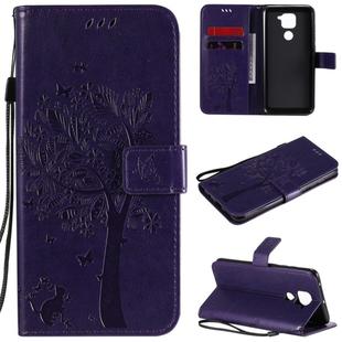 For Xiaomi Redmi Note 9 Tree & Cat Embossed Pattern Horizontal Flip Leather Case with Holder & Card Slots & Wallet & Lanyard(Purple)