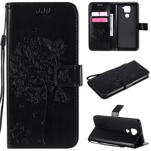 For Xiaomi Redmi Note 9 Tree & Cat Embossed Pattern Horizontal Flip Leather Case with Holder & Card Slots & Wallet & Lanyard(Black)