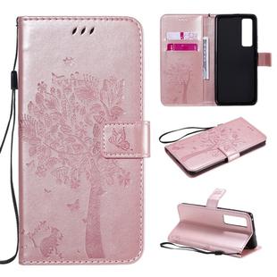 For Huawei Nova 7 Pro Tree & Cat Embossed Pattern Horizontal Flip Leather Case with Holder & Card Slots & Wallet & Lanyard(Rose Gold)