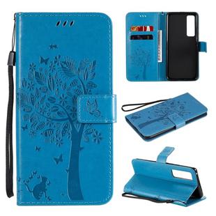 For Huawei Nova 7 Pro Tree & Cat Embossed Pattern Horizontal Flip Leather Case with Holder & Card Slots & Wallet & Lanyard(Blue)