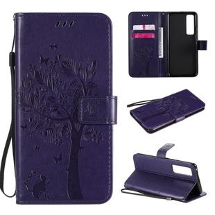 For Huawei Nova 7 Pro Tree & Cat Embossed Pattern Horizontal Flip Leather Case with Holder & Card Slots & Wallet & Lanyard(Purple)