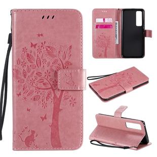 For Huawei Nova 7 Pro Tree & Cat Embossed Pattern Horizontal Flip Leather Case with Holder & Card Slots & Wallet & Lanyard(Pink)