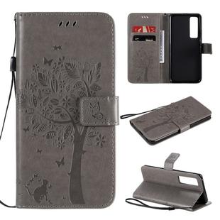 For Huawei Nova 7 Pro Tree & Cat Embossed Pattern Horizontal Flip Leather Case with Holder & Card Slots & Wallet & Lanyard(Grey)