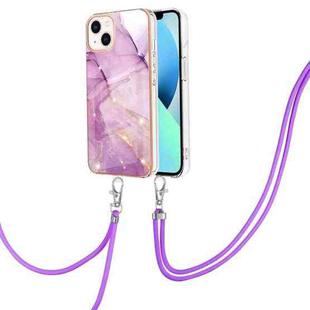 For iPhone 15 Electroplating Marble Pattern IMD TPU Shockproof Case with Neck Lanyard(Purple 001)
