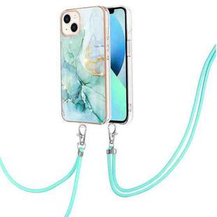 For iPhone 15 Electroplating Marble Pattern IMD TPU Shockproof Case with Neck Lanyard(Green 003)