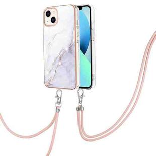 For iPhone 15 Electroplating Marble Pattern IMD TPU Shockproof Case with Neck Lanyard(White 006)