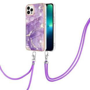 For iPhone 15 Pro Electroplating Marble Pattern IMD TPU Shockproof Case with Neck Lanyard(Purple 002)
