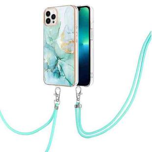 For iPhone 15 Pro Electroplating Marble Pattern IMD TPU Shockproof Case with Neck Lanyard(Green 003)