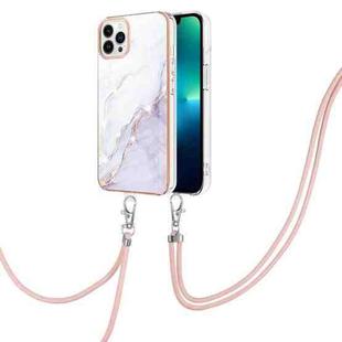 For iPhone 15 Pro Max Electroplating Marble Pattern IMD TPU Shockproof Case with Neck Lanyard(White 006)