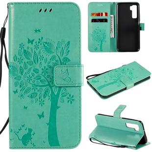 For Huawei Nova 7 SE Tree & Cat Embossed Pattern Horizontal Flip Leather Case with Holder & Card Slots & Wallet & Lanyard(Green)