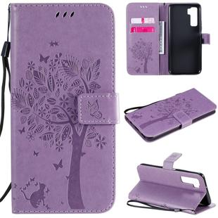 For Huawei Nova 7 SE Tree & Cat Embossed Pattern Horizontal Flip Leather Case with Holder & Card Slots & Wallet & Lanyard(Light Purple)