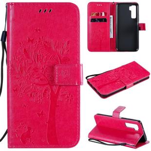 For Huawei Nova 7 SE Tree & Cat Embossed Pattern Horizontal Flip Leather Case with Holder & Card Slots & Wallet & Lanyard(Rose Red)