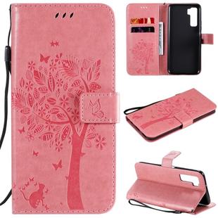 For Huawei Nova 7 SE Tree & Cat Embossed Pattern Horizontal Flip Leather Case with Holder & Card Slots & Wallet & Lanyard(Pink)