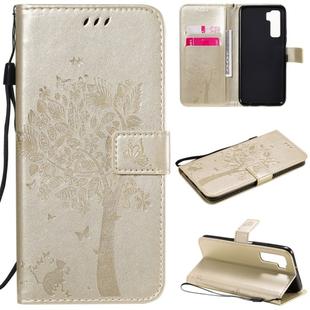 For Huawei Nova 7 SE Tree & Cat Embossed Pattern Horizontal Flip Leather Case with Holder & Card Slots & Wallet & Lanyard(Gold)