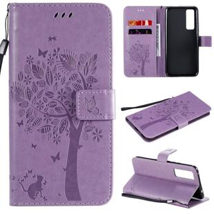 For Huawei Nova 7 Tree & Cat Embossed Pattern Horizontal Flip Leather Case with Holder & Card Slots & Wallet & Lanyard(Light Purple)