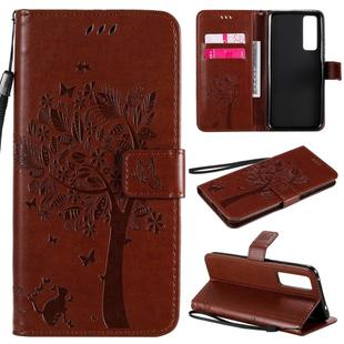 For Huawei Nova 7 Tree & Cat Embossed Pattern Horizontal Flip Leather Case with Holder & Card Slots & Wallet & Lanyard(Coffee)