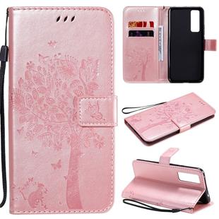 For Huawei Nova 7 Tree & Cat Embossed Pattern Horizontal Flip Leather Case with Holder & Card Slots & Wallet & Lanyard(Rose Gold)
