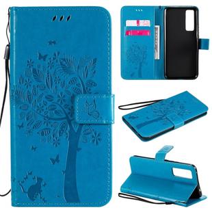 For Huawei Nova 7 Tree & Cat Embossed Pattern Horizontal Flip Leather Case with Holder & Card Slots & Wallet & Lanyard(Blue)