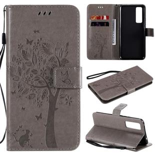 For Huawei Nova 7 Tree & Cat Embossed Pattern Horizontal Flip Leather Case with Holder & Card Slots & Wallet & Lanyard(Grey)
