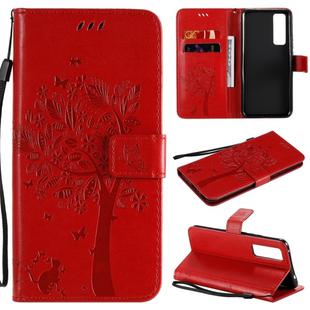 For Huawei Nova 7 Tree & Cat Embossed Pattern Horizontal Flip Leather Case with Holder & Card Slots & Wallet & Lanyard(Red)
