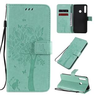 For Huawei P40 Lite E Tree & Cat Embossed Pattern Horizontal Flip Leather Case with Holder & Card Slots & Wallet & Lanyard(Green)