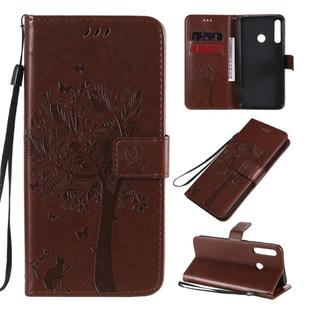 For Huawei P40 Lite E Tree & Cat Embossed Pattern Horizontal Flip Leather Case with Holder & Card Slots & Wallet & Lanyard(Coffee)