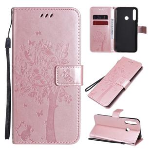 For Huawei P40 Lite E Tree & Cat Embossed Pattern Horizontal Flip Leather Case with Holder & Card Slots & Wallet & Lanyard(Rose Gold)