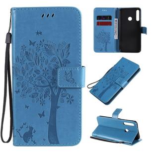 For Huawei P40 Lite E Tree & Cat Embossed Pattern Horizontal Flip Leather Case with Holder & Card Slots & Wallet & Lanyard(Blue)