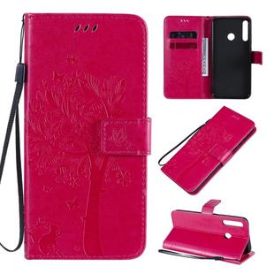 For Huawei P40 Lite E Tree & Cat Embossed Pattern Horizontal Flip Leather Case with Holder & Card Slots & Wallet & Lanyard(Rose Red)