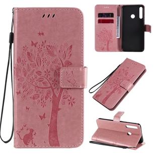 For Huawei P40 Lite E Tree & Cat Embossed Pattern Horizontal Flip Leather Case with Holder & Card Slots & Wallet & Lanyard(Pink)