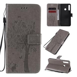 For Huawei P40 Lite E Tree & Cat Embossed Pattern Horizontal Flip Leather Case with Holder & Card Slots & Wallet & Lanyard(Grey)