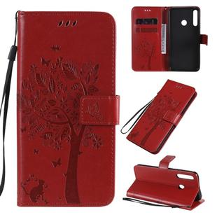 For Huawei P40 Lite E Tree & Cat Embossed Pattern Horizontal Flip Leather Case with Holder & Card Slots & Wallet & Lanyard(Red)