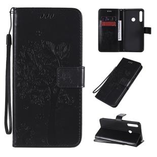 For Huawei P40 Lite E Tree & Cat Embossed Pattern Horizontal Flip Leather Case with Holder & Card Slots & Wallet & Lanyard(Black)