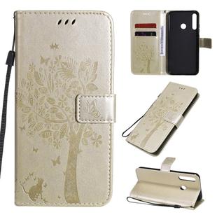 For Huawei P40 Lite E Tree & Cat Embossed Pattern Horizontal Flip Leather Case with Holder & Card Slots & Wallet & Lanyard(Gold)